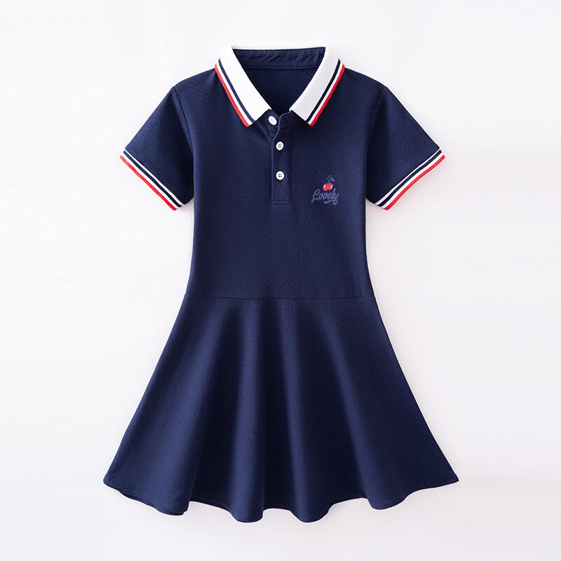 女童学院风短袖连衣裙女孩甜美中大童连体裙polo衫公主翻领裙子