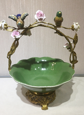 美饰家居陶瓷配铜小鸟提篮果盘 客厅茶几美式家居高端工艺品摆件