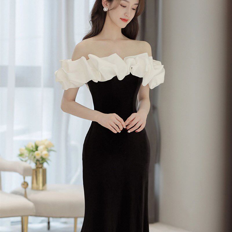 法式一字肩黑色晚礼服轻奢高级气质显瘦名媛主持人鱼尾长款连衣裙
