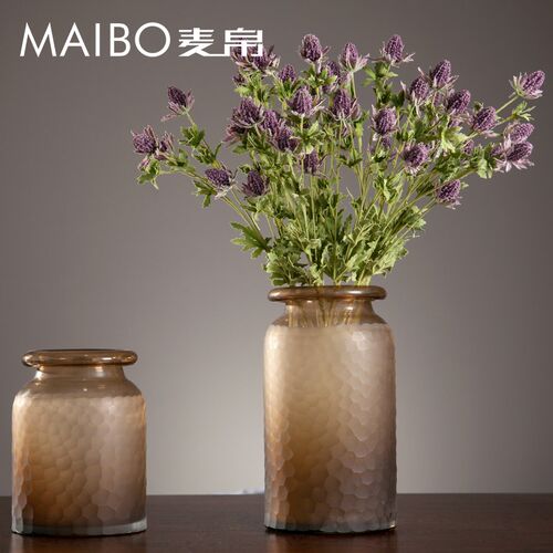 麦帛欧式直筒玻璃花瓶大号 客厅样板间家居插花手工磨刻棕色花器