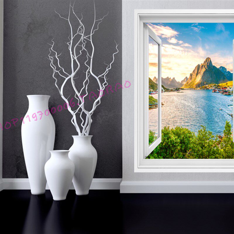 3D假窗户墙贴装饰山水贴画自粘壁纸餐厅卧室四季风景海景背景墙画