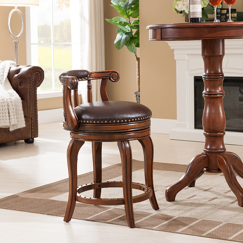 欧式吧台椅家用复古奢华吧台凳旋转美式椅子酒吧椅实木靠背高脚凳