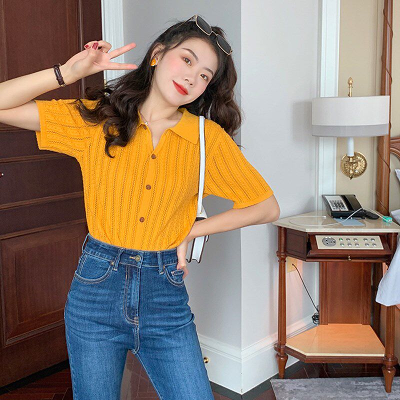 法式复古高级感洋气气质短袖V领polo衫镂空薄款针织衫T恤上衣女夏