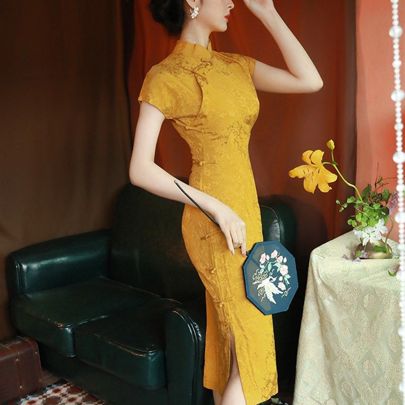 黄色旗袍2021年新款夏季素雅复古气质年轻款少女改良版短款连衣裙