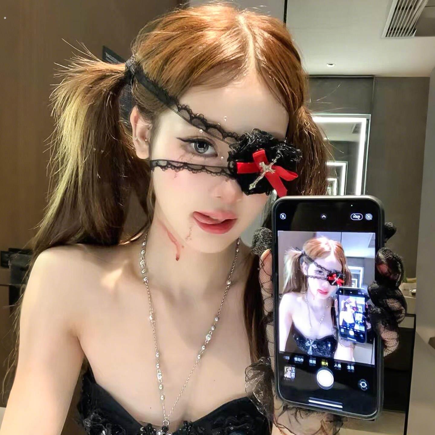 万圣节蝴蝶结爱心蕾丝眼罩暗黑哥特风绑带洛丽塔cos装扮拍照道具