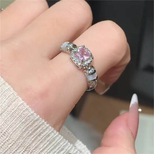超闪粉色方糖戒指女款小众设计轻奢高级感指环气质食指戒