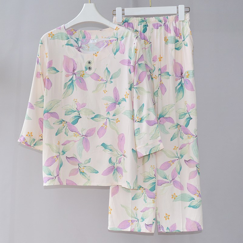 睡衣套装女夏季薄款棉绸妈妈中老年宽松外出绵绸中袖家居服套装