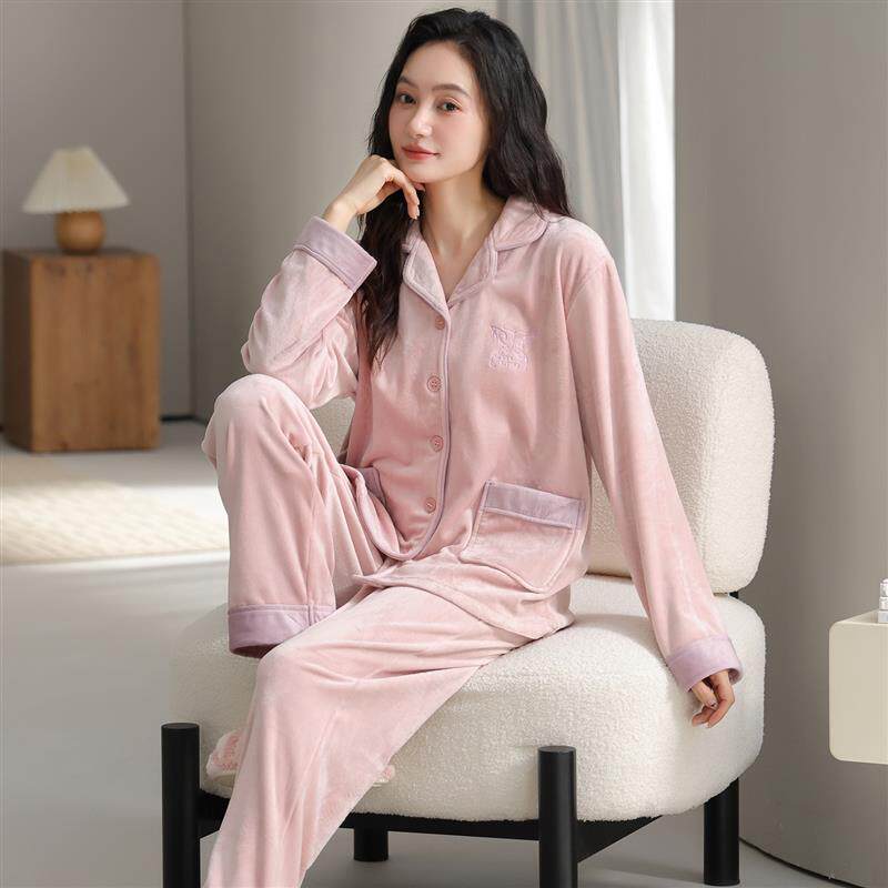 加肥加大码睡衣女秋冬季海岛绒加绒加绒中年妈妈珊瑚绒家居服套装