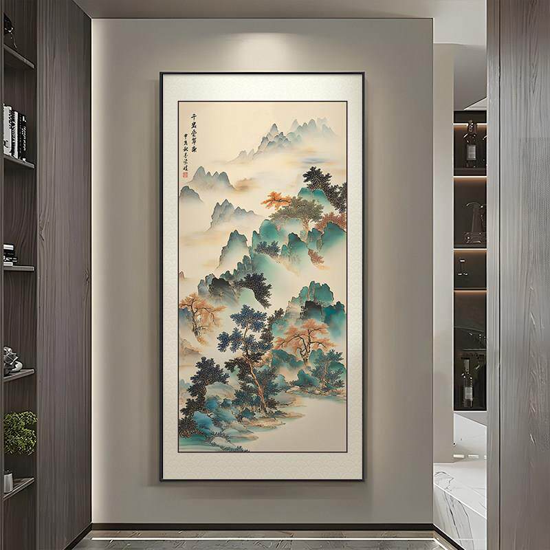 国画山水画新中式大气玄关装饰画高级感走廊过道挂画客厅竖版壁画