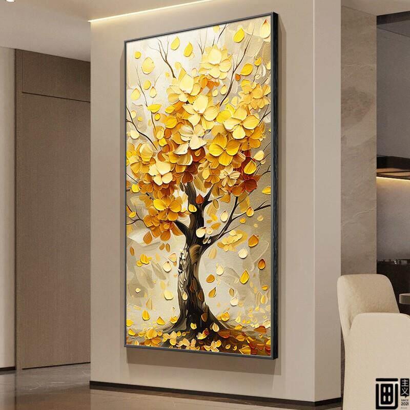 玄关发财树入户装饰画竖版现代轻奢走廊过道挂画高档大气客厅壁画