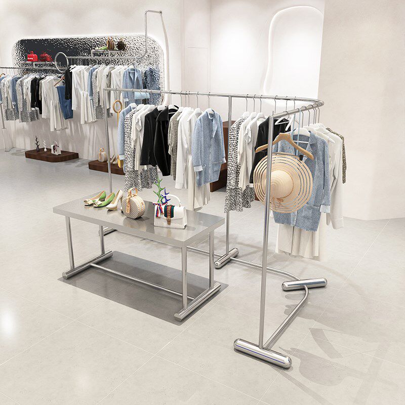 服装店女装不锈钢拐角落地挂衣架童装店展示架弧形衣架陈列货架