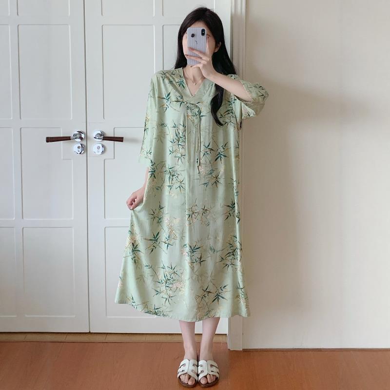 棉绸睡裙女2026新款夏季新中式国风中长裙宽松薄款凉感可外穿睡衣