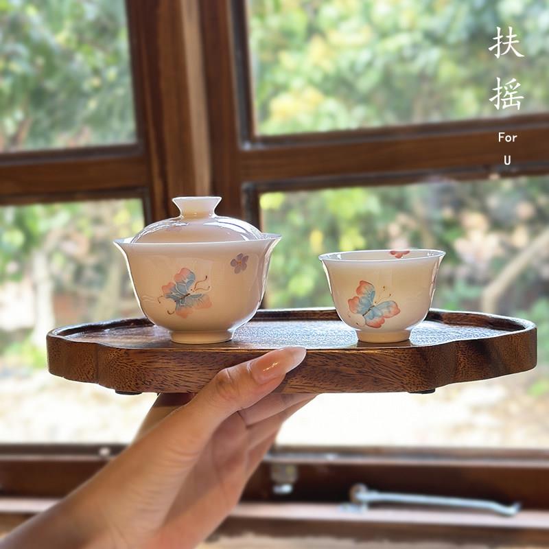 扶摇有田烧手绘蝴蝶恋花三才盖碗高温白瓷粉釉防烫茶室泡茶器仙女