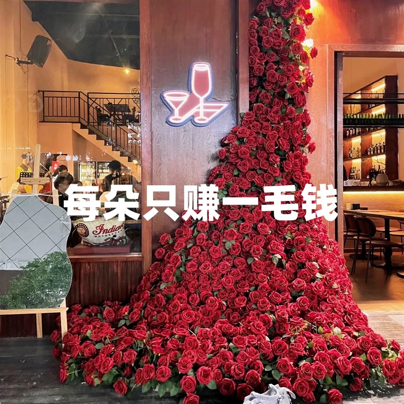 玫瑰花瀑布仿真花假花婚礼布置网红打卡开业装饰背景婚庆玫瑰花墙