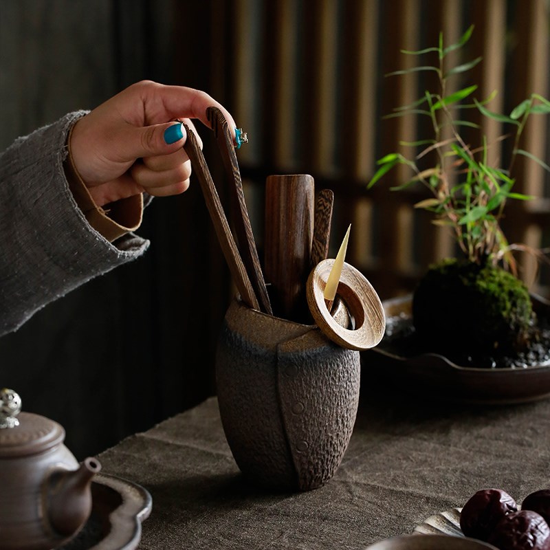 鸡翅木茶道六君子 粗陶旗袍茶筒实木六君子套装陶瓷功夫茶具配件