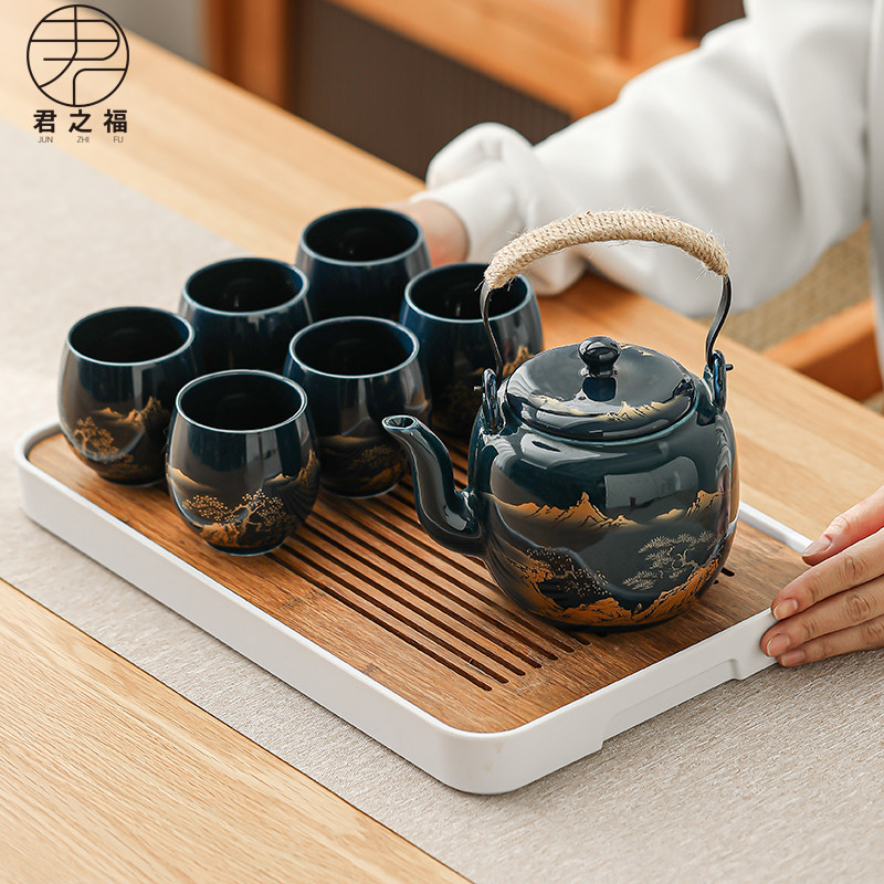凉水壶陶瓷茶壶茶具套装家用客厅大容量复古中式提梁壶花茶杯茶盘