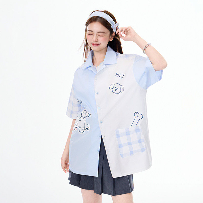 LAMLICKA男女款拼接撞色小狗短袖衬衫休闲衬衣
