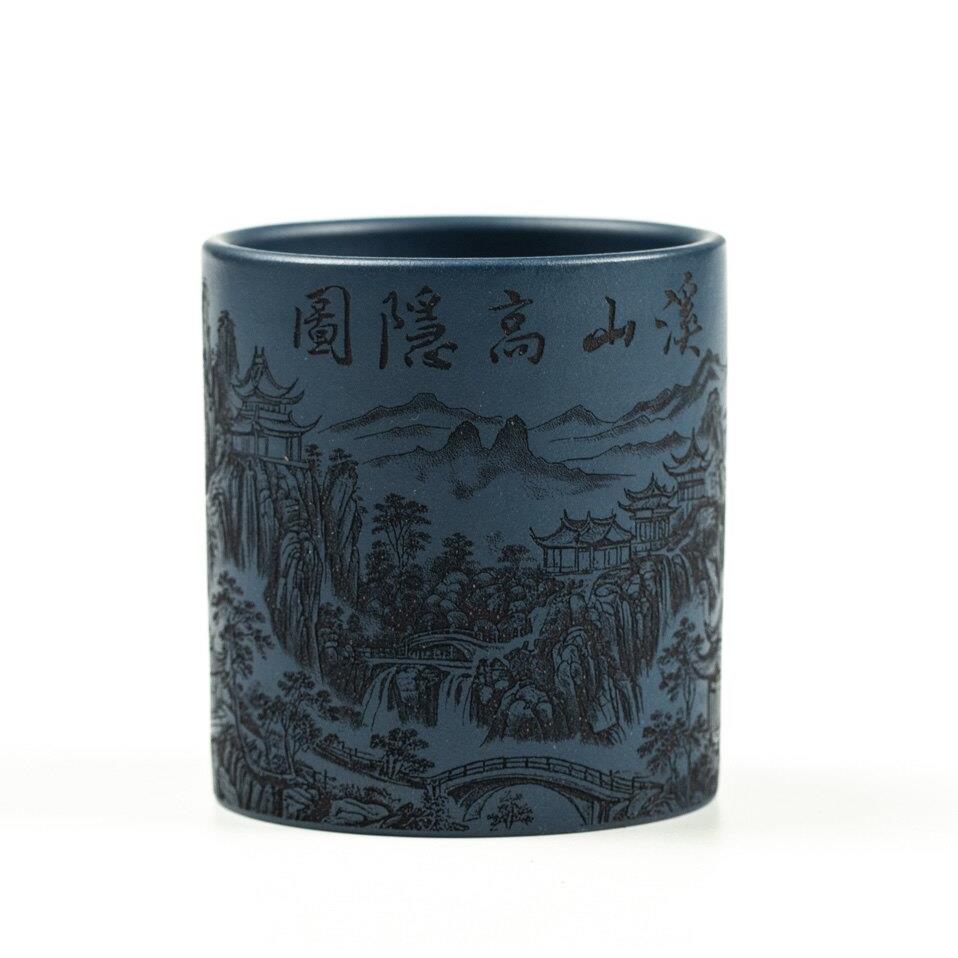 宜兴原矿紫砂苏门答腊青纯全手工刻绘山水主人杯160cc直筒大茶杯
