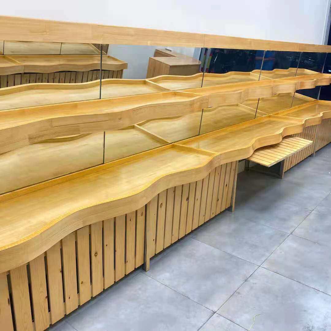 水果货架百果园超市钢木波浪三层展示架中岛柜收银堆头定做洗切台