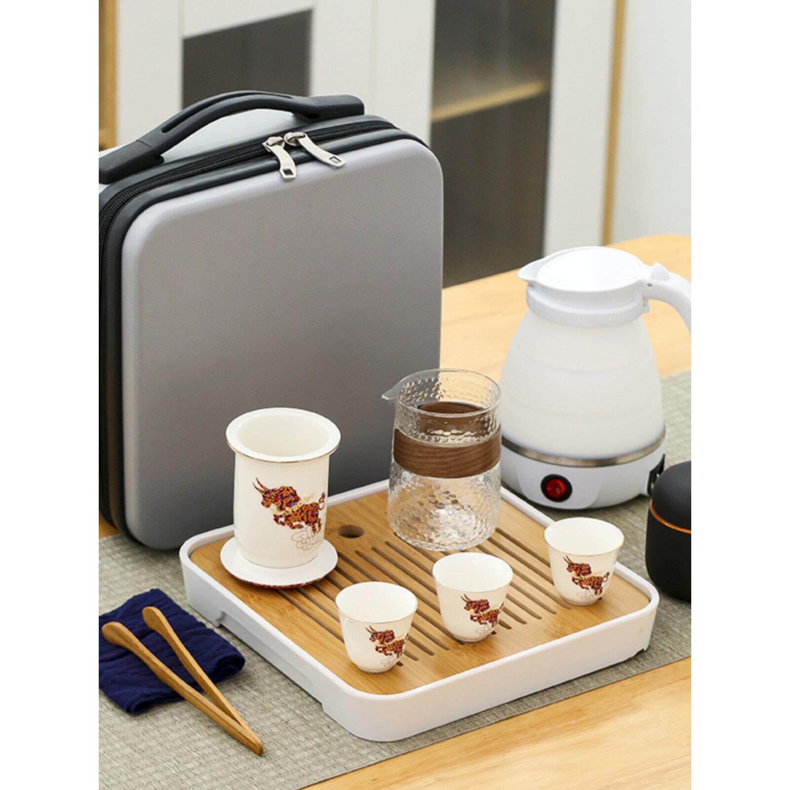 便携式收纳旅行茶具黑陶创意收纳茶机水壶快一壶四杯茶盘