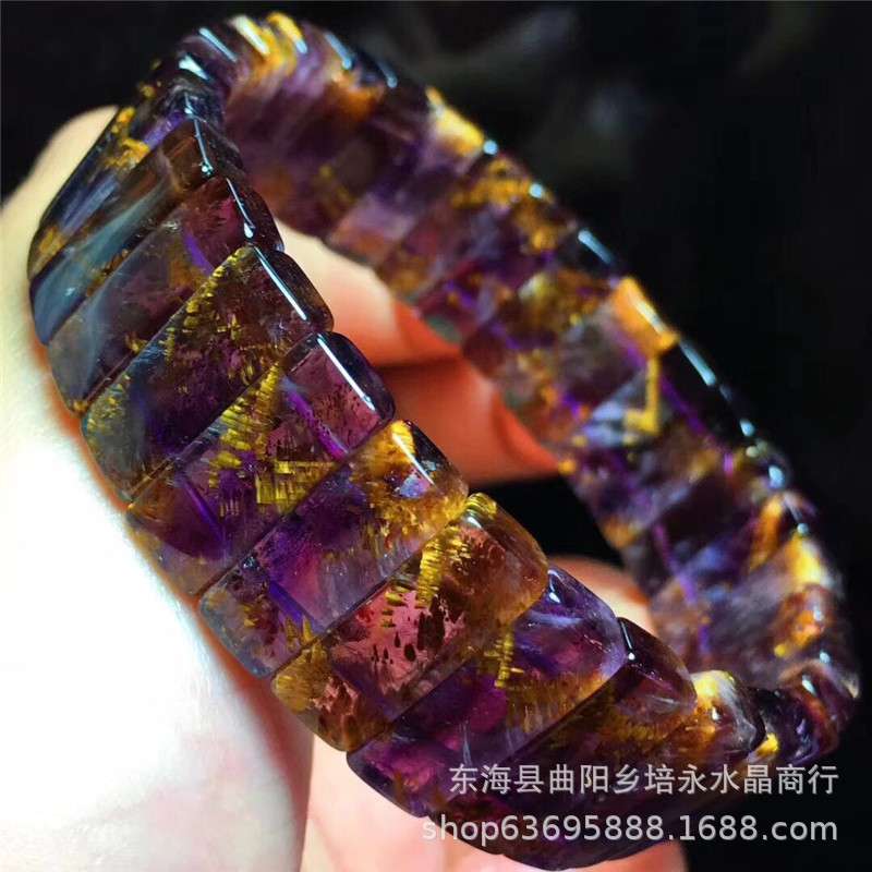 天然紫钛晶手排 发晶手排 宽板钛晶手排 男女款紫钛晶手排