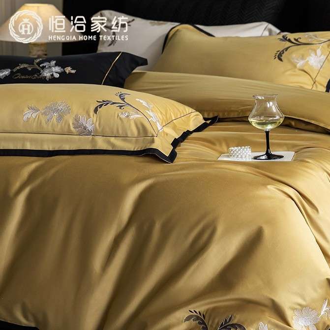 中式高支长绒棉全棉四件套轻奢风花卉刺绣纯棉宽边被套床品白金色