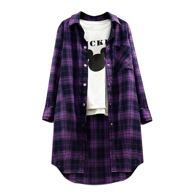 紫色格子衬衫女长款中长款春秋外套长袖衬衣纯棉磨毛加厚休闲大码