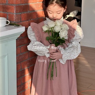 韩国版2024春季女童宝宝洋气碎花长袖衬衫儿童甜美公主背带连衣裙