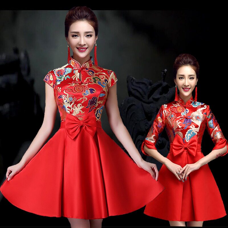 2022新款春新娘敬酒服旗袍连衣裙短款中式结婚礼服修身大码春秋季