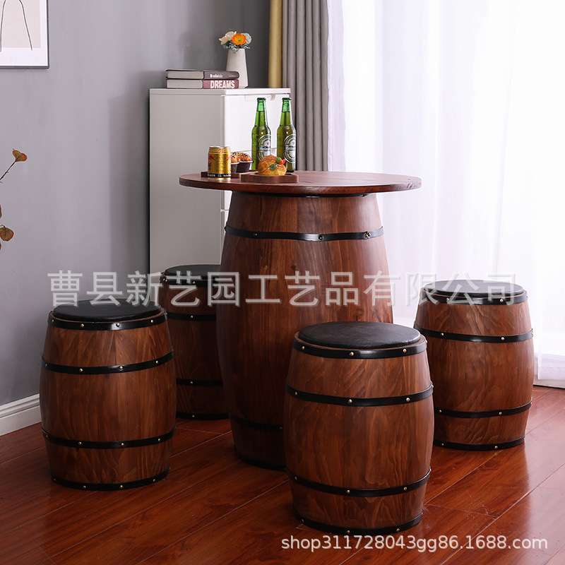装饰橡木桶酒桶桌啤酒桶凳子圆形酒吧餐厅桌椅木桶一桌四凳实木桌