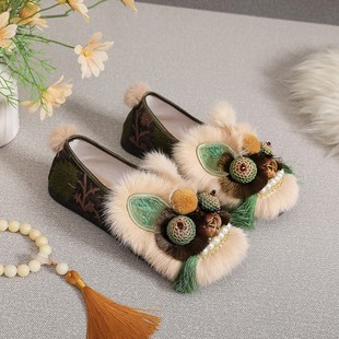 绿野仙踪2026新款国风虎头鞋真兔毛平底鞋手工布鞋民族风非遗女鞋