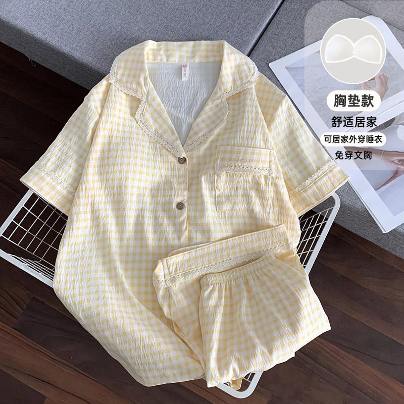 黄色格子短袖睡衣女士带胸垫夏季新款云朵棉纱蕾丝花边家居服套装