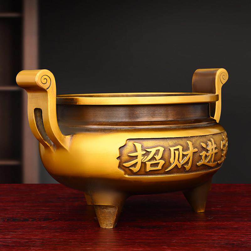 铜香炉摆件纯铜三足鼎炉双耳炉家用佛堂供奉观音财神炉线香插香炉
