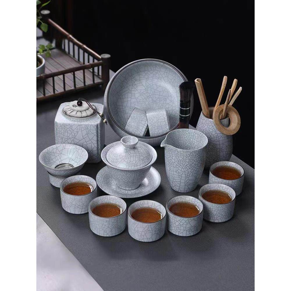 月白汝窑功夫茶具套装家用可养开片泡茶器防烫侧把壶陶瓷茶杯泡茶