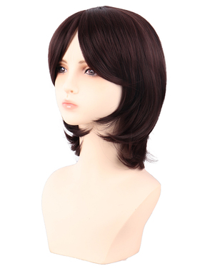 潼漫 cos假发女短发万用咖啡色深棕色40CM中长齐斜刘海高温丝头套