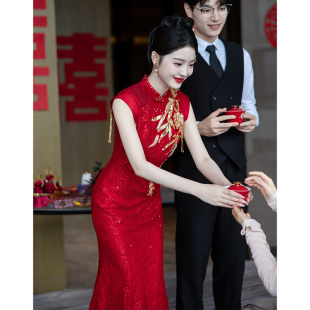 订婚晚礼服女高级感鱼尾酒红色敬酒服新娘连衣裙亮片轻奢小众高端