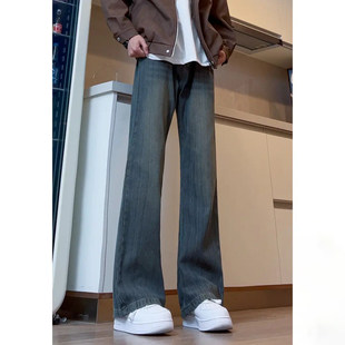 美式覆古蓝竹节纹牛仔裤阔腿宽松高个子加长裤子男秋季微喇直筒裤