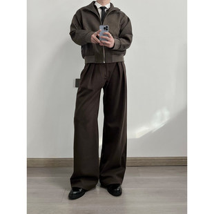 stay the night棕色混纺毛呢西裤子男女重磅高级感A字阔腿弯刀裤