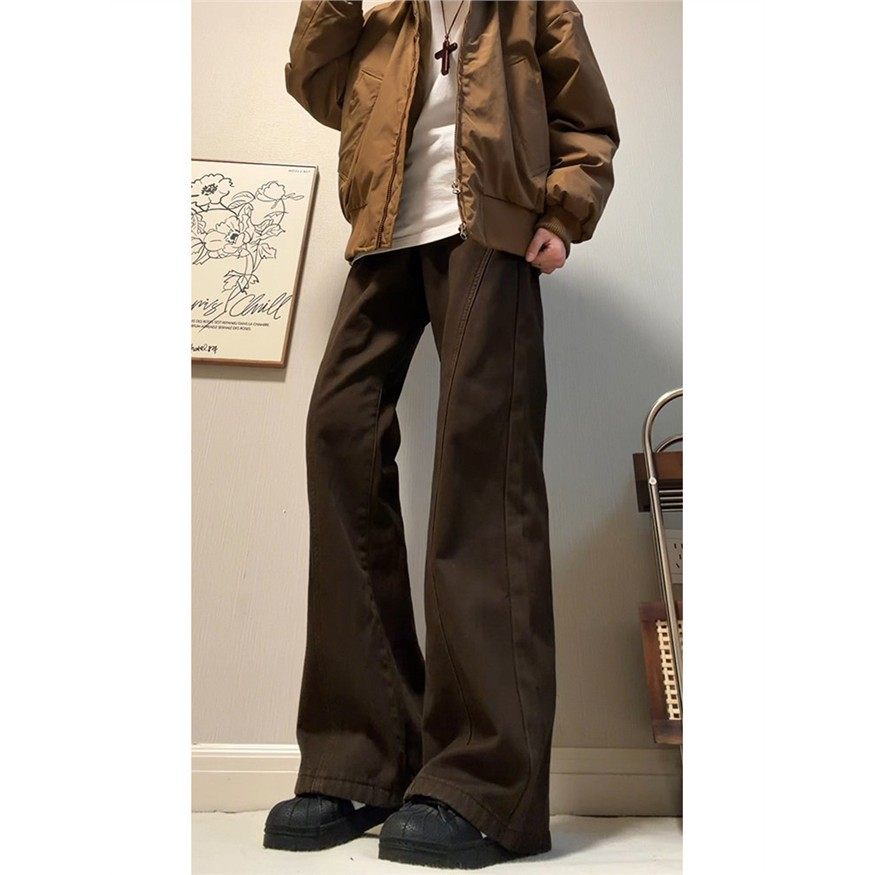 美式覆古咖啡色斜切加绒牛仔裤男款美式高街潮牌弯刀裤直筒微喇裤