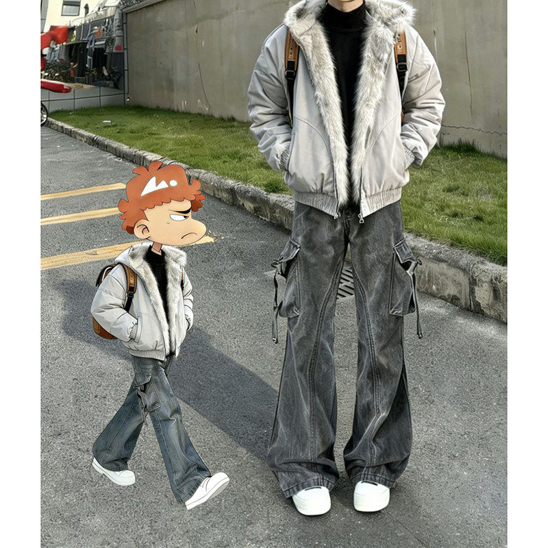 美式vibe工装牛仔裤男款冬季潮牌高街做旧水洗裤子宽松直筒微喇裤