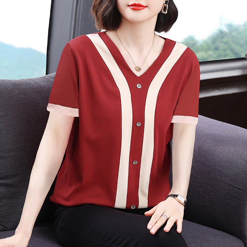 中老年妈妈夏装2025新款拼色纯棉短袖t恤女洋气v领上衣服时尚小衫