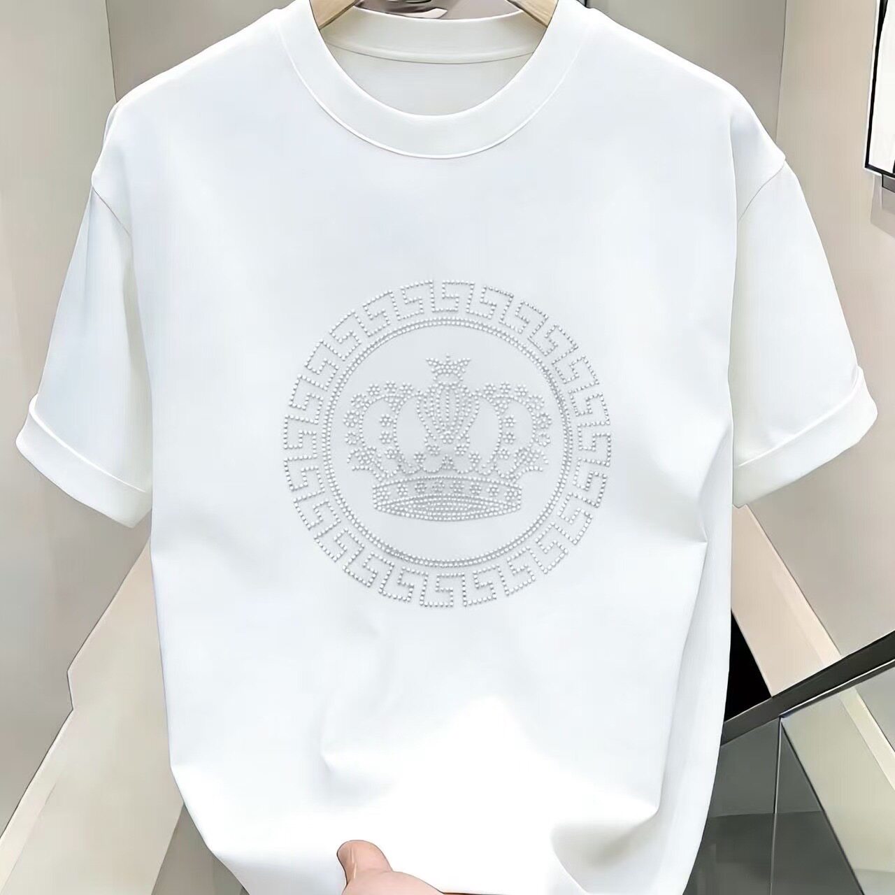260g重磅纯棉短袖T恤男2026新款夏季银皇冠烫钻休闲上衣男士潮牌