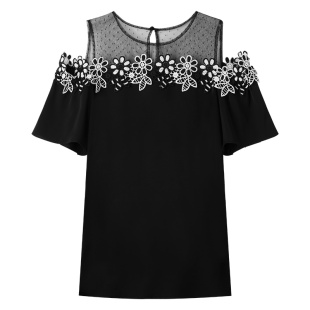 性感露肩网纱t恤女遮肚子显瘦洋气雪纺衫 黑色蕾丝上衣女夏季 短袖