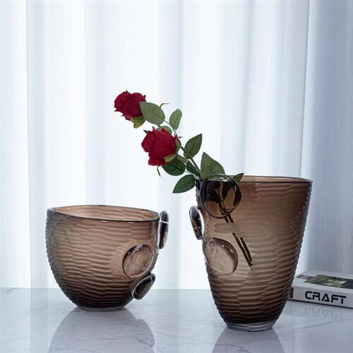 北欧轻奢创意高级玻璃花瓶咖色艺术样板间售楼处插花鲜花干花装饰