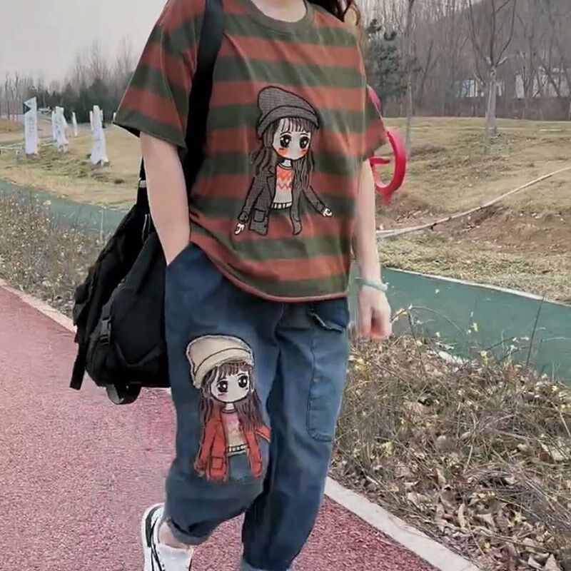 休闲时尚套装女2024夏小女孩贴布拼牛仔薄款七分裤短袖T恤两件套