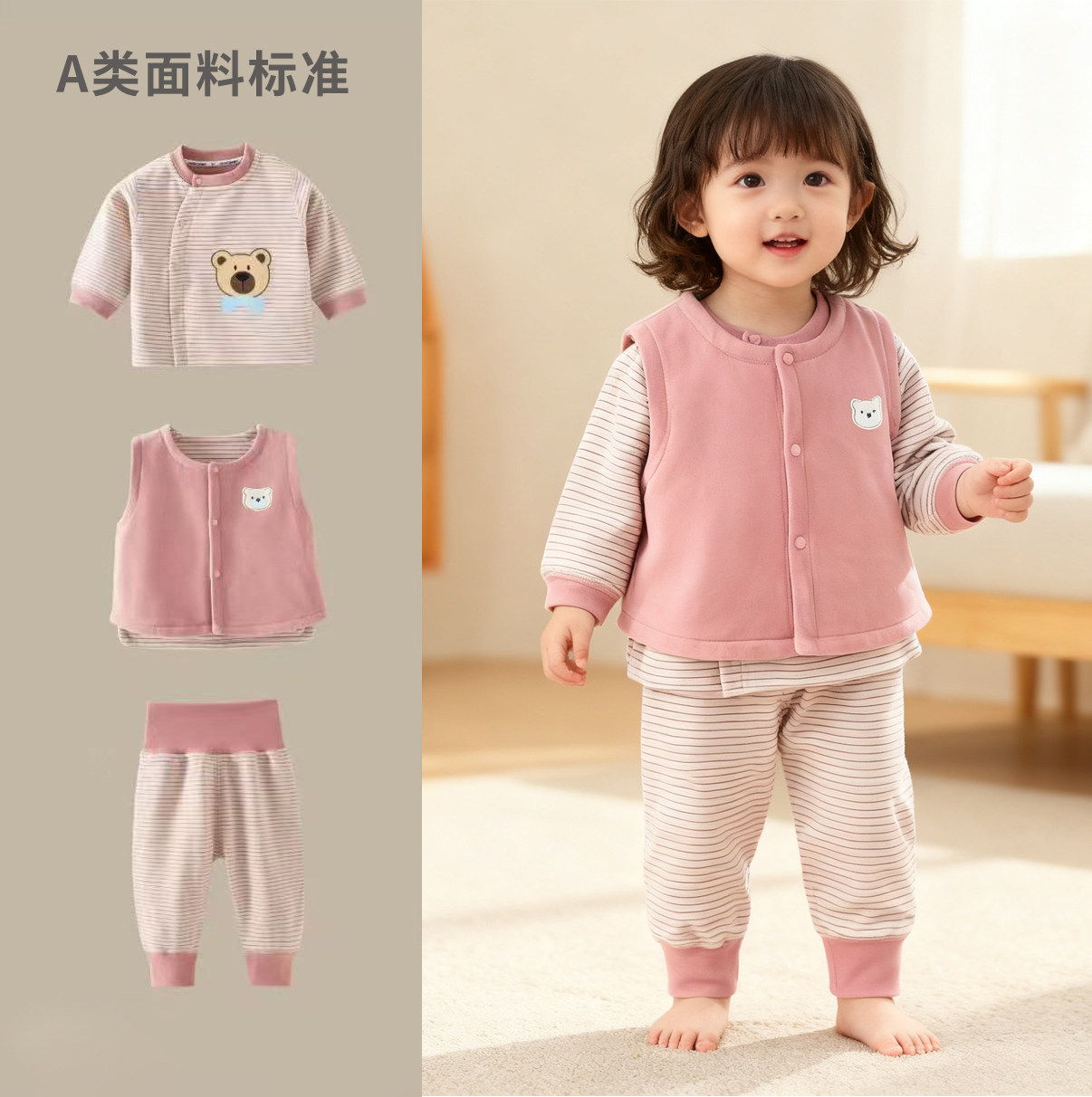 婴幼儿分体套装德绒保暖春秋季三件套宝宝秋衣秋裤衣服马甲内衣套