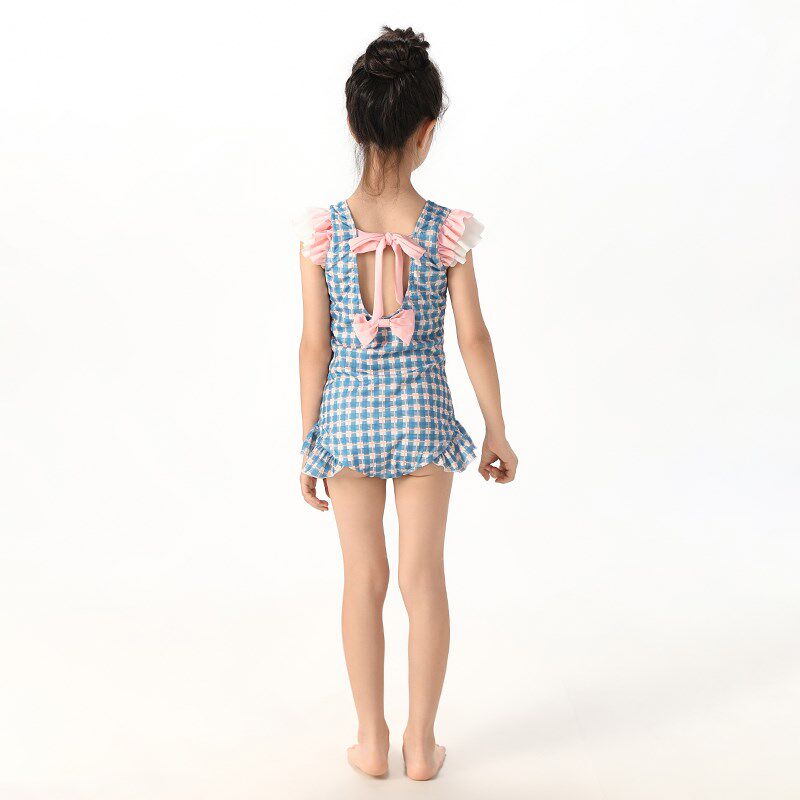 女童连体游泳衣2024新款夏季海边度假女孩沙滩泳装甜美格子游泳衣