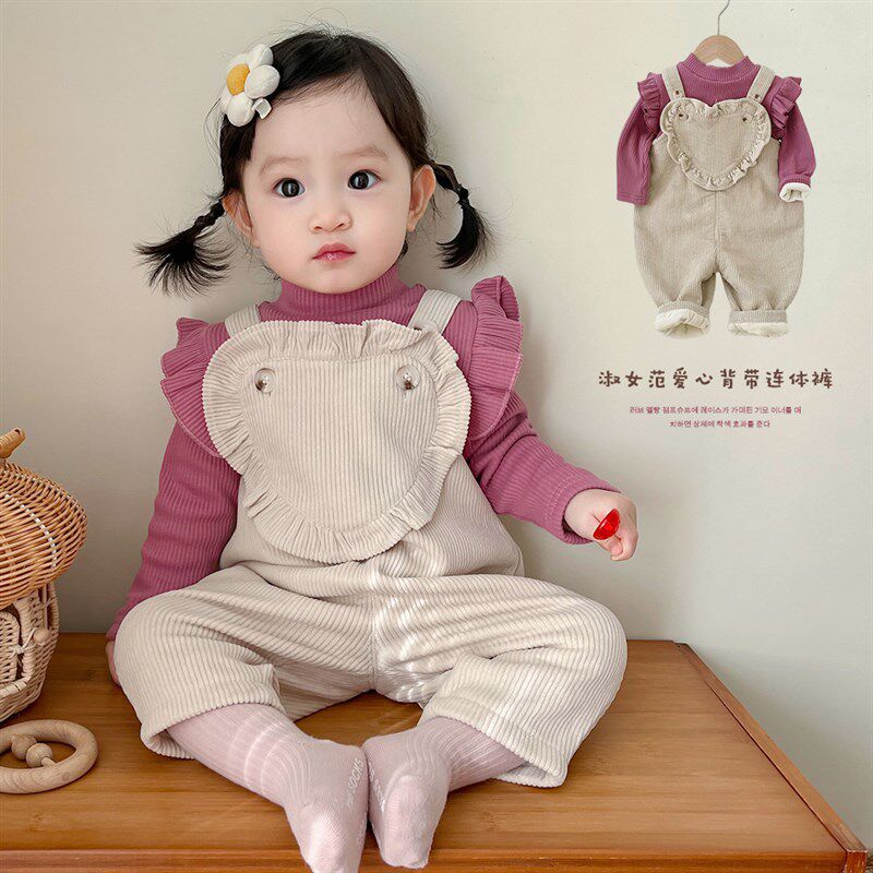 超萌婴儿服冬款外出加绒加厚女宝宝背带裤套装婴幼儿衣服秋冬季