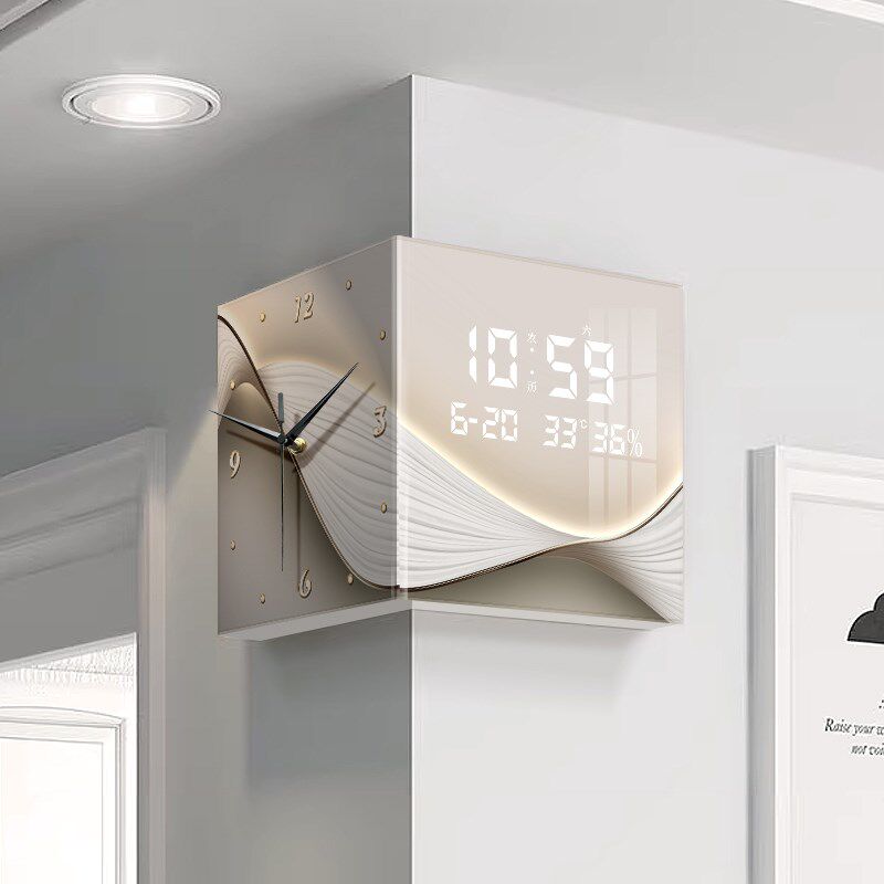 客厅双面挂钟拐角万年历电子钟表高级感餐厅数显转角时钟2024新款