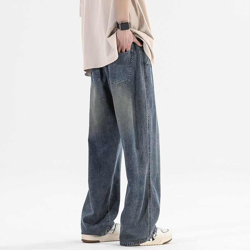 190高个子加长牛仔裤男生115cm宽松直筒学生港风松紧腰阔超长腿裤